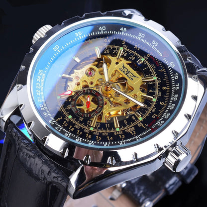 Business - Casual Blue Glass Hollowed - Out Large - Dial Automatic Mechanical Watch - Oopsdadforgot.com
