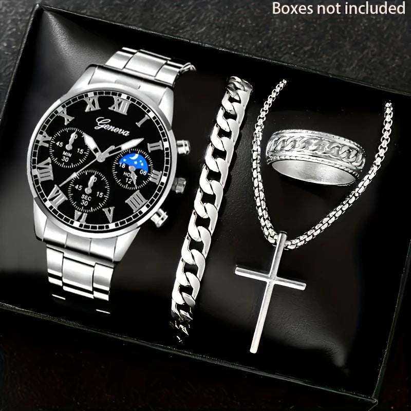 Mens Quartz Watch Necklace Bracelet And Ring 4 - Piece Set - Oopsdadforgot.com