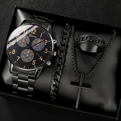 Mens Quartz Watch Necklace Bracelet And Ring 4 - Piece Set - Oopsdadforgot.com