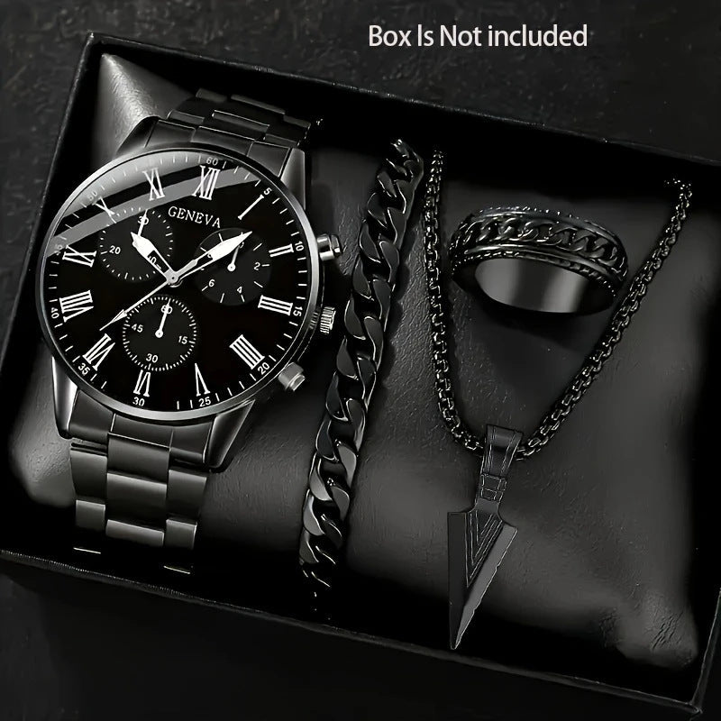 Mens Quartz Watch Necklace Bracelet And Ring 4 - Piece Set - Oopsdadforgot.com