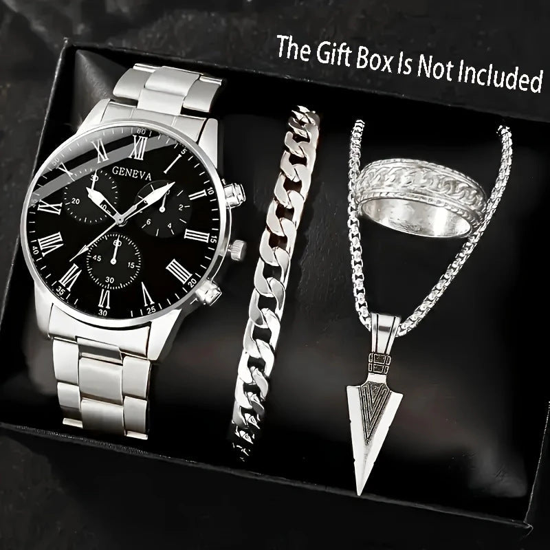 Mens Quartz Watch Necklace Bracelet And Ring 4 - Piece Set - Oopsdadforgot.com