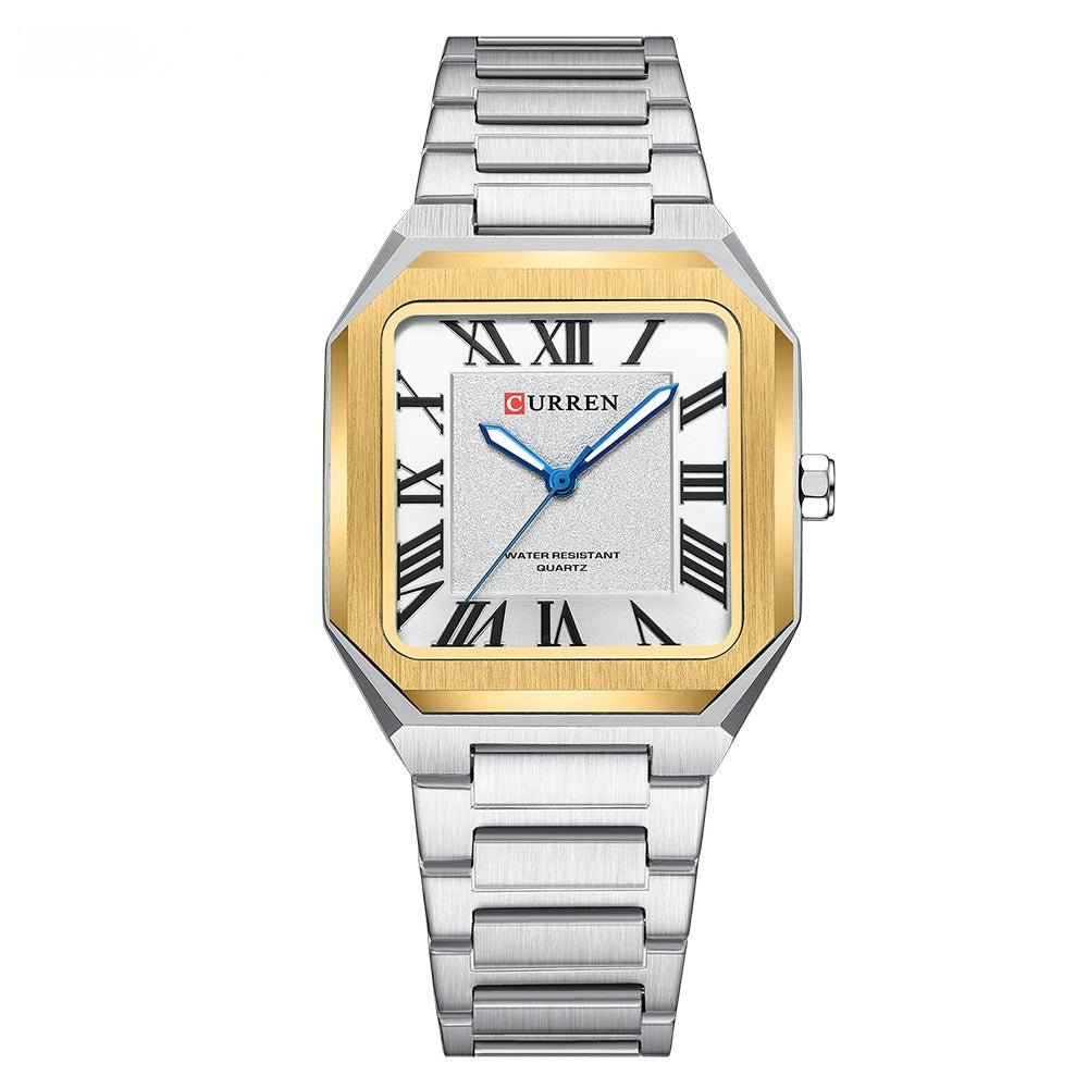 Mens Simple Square Waterproof Quartz Watch With Roman Numerals And Fashionable Steel Band - Oopsdadforgot.com