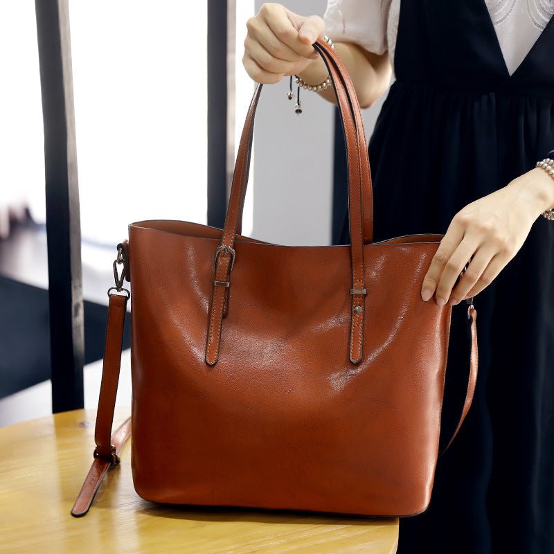Simple Oil Wax Leather Messenger Shoulder Bags Women's High Capacity Portable Tote Bag - Oopsdadforgot.com
